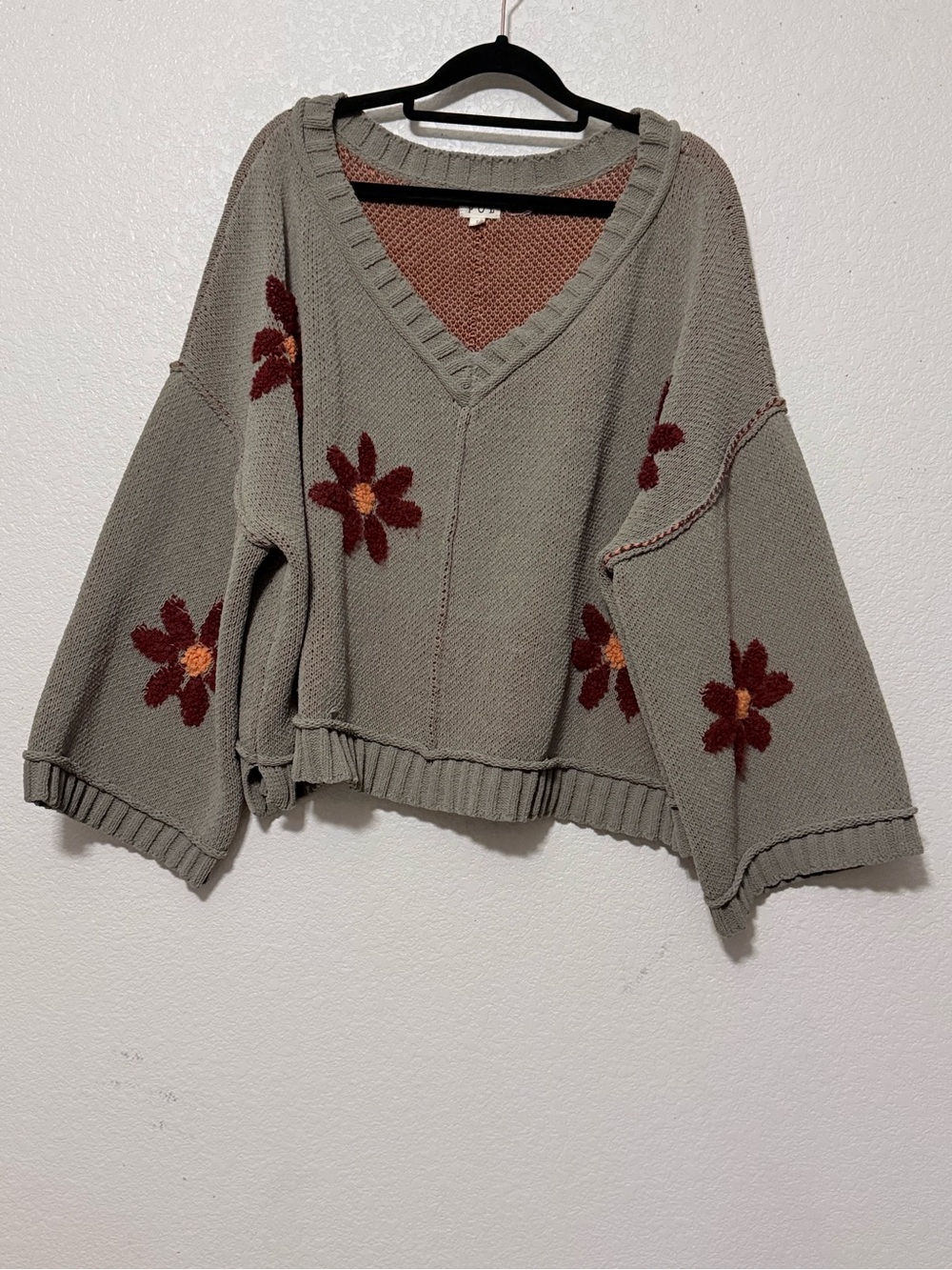 POL V-Neck Floral Knit Sweater in Sage Green